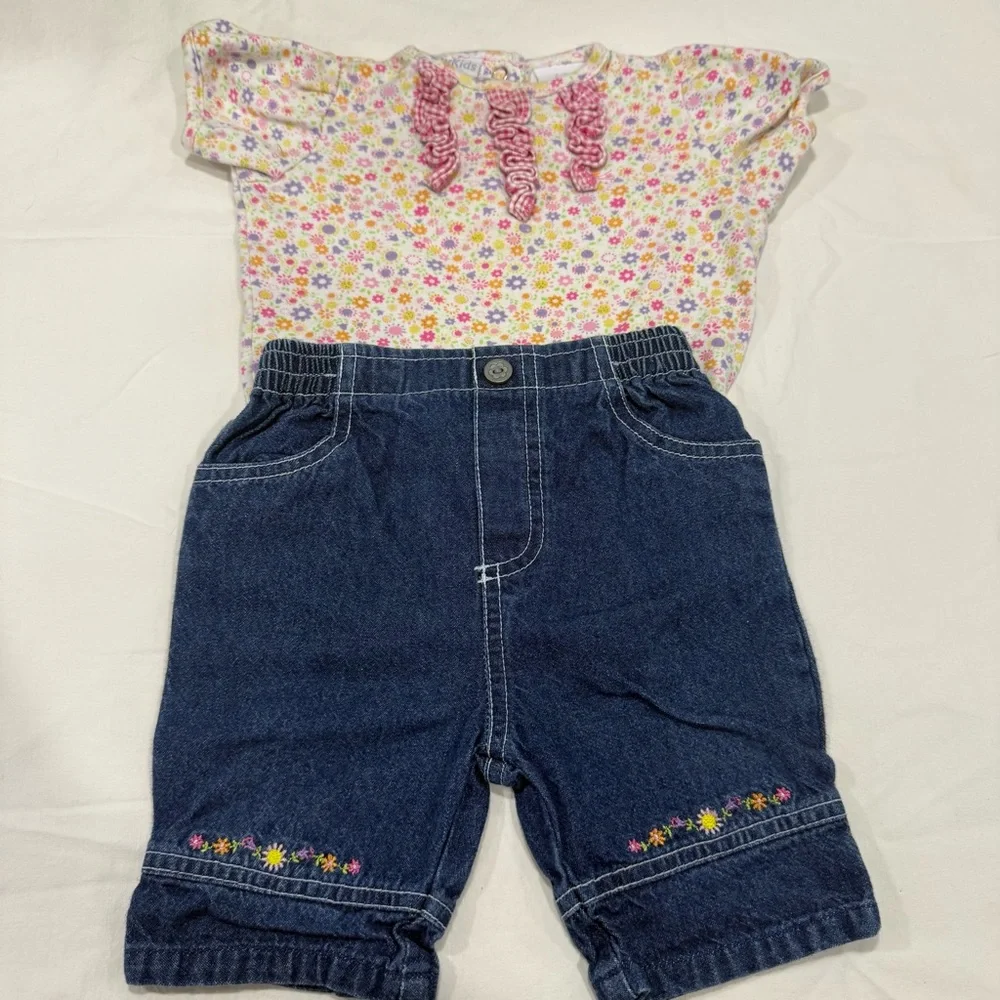 Y2K Happy Kids Floral Top and Denim Pants Set for Kids Size 6-9 Months